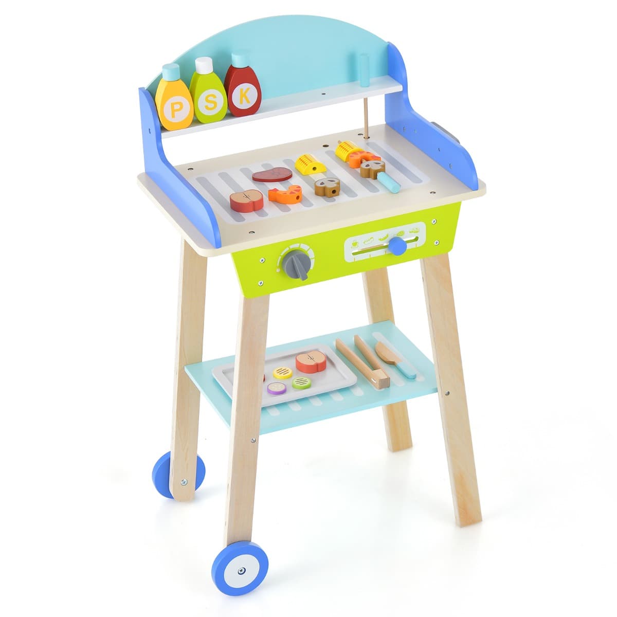 CostwayJouet Barbecue Grill en Bois pour Enfants 3 Ans+ 21 Accessoires avec Roues Son Réaliste Cadeaux Idéal